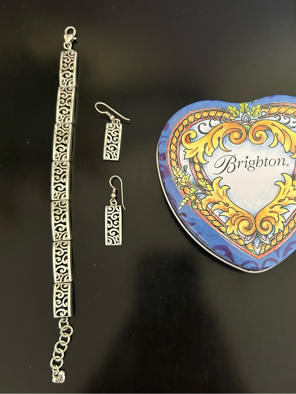 Brighton Silver Filigree Link Bracelet with Matching Drop Earrings